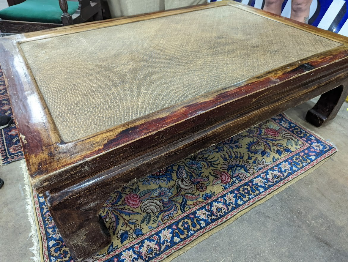 A Chinese caned elm rectangular coffee table, width 149cm depth 99cm height 46cm